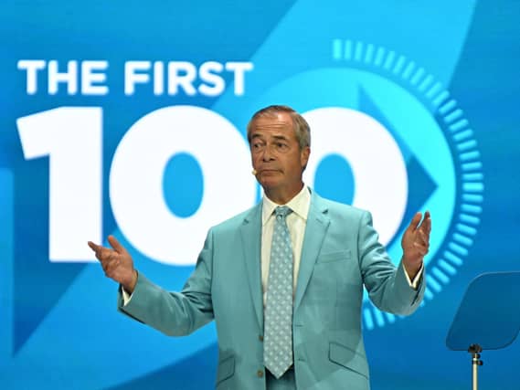 Nigel Farage on stage at the 2026 Reform party conference