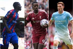 Composite image of Crystal Palace's Tyrick Mitchell, left, and Liverpool's Alexander Isak celebrating goals, and Elliot Anderson, right, on the ball for Manchester City