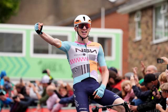 Lewis Askey of NSN Cycling Team celebrates winning stage one of the 2026 Lloyds Tour of Britain