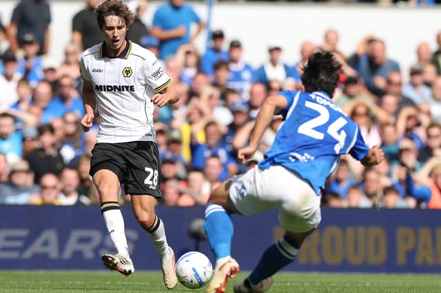 Fer Lopez takes on Tomoki Iwata during the Championship match between Birmingham City and Wolves at St Andrew's