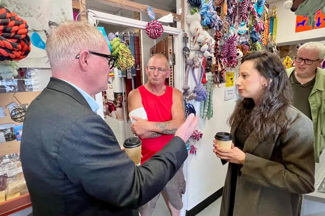 Sonia Kumar MP and mayor Richard Parker, left, visit The Pet Pantry in Birdcage Walk, Dudley
