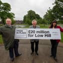 Councillor Stephen Simkins, leader of Wolverhampton Council, Chris Allen, chairman of Low Hill Pride of Place, and Sureena Brackenridge celebrating the award of £20 million for the Low Hill estate