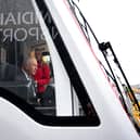 King takes the controls of a tram-train officially named Myddfai at the official opening of the South Wales Metro Depot in Taff’s Well, during a visit to South Wales to celebrate the King’s 77th birthday on November 14 2025