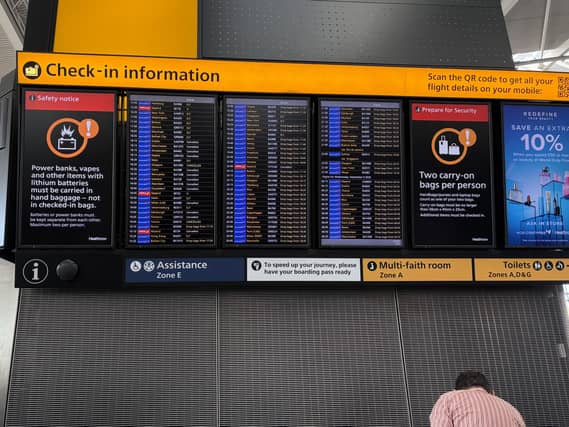 A departure board at Terminal 5 Heathrow after flights were cancelled on Tuesday because of a UK air traffic control issue