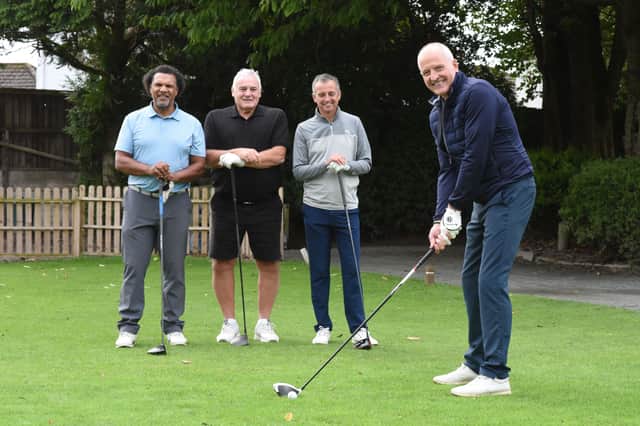 Bully on the tee! Record goalscorer Steve Bull supported by Don Goodman, Dave Jones and Johnny Phillips from Sky Sports