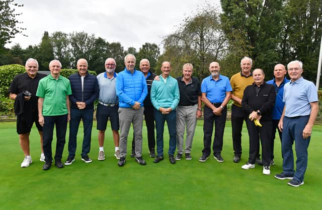 Former Wolves and Albion representatives face the camera. From left: Dave Jones, Mel Eves, Steve Bull, Richard Green (Wolves FPA manager), Colin Brazier, Mark Grew, Kenny Hibbitt, Steve Daley, Norman Bell, Joe Mayo, Mickey Fudge, Dave Ashman, John Richards