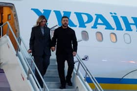 President of Ukraine Volodymyr Zelensky and his wife Olena Zelenska arrive in Calgary, Alberta