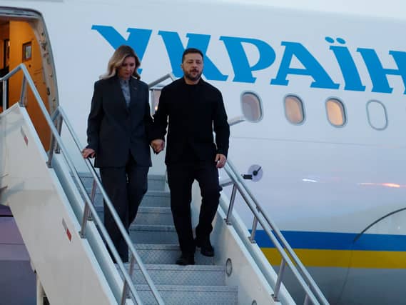President of Ukraine Volodymyr Zelensky and his wife Olena Zelenska arrive in Calgary, Alberta