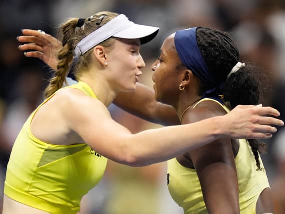 Elena Rybakina hugs Coco Gauff