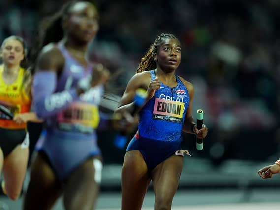 Success Eduan anchors the Great Britain mixed 4x100m relay team to third place in Budapest