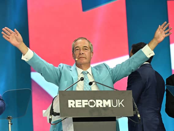 Reform UK leader Nigel Farage speaks during the party's national conference at the National Exhibition Centre in Birmingham