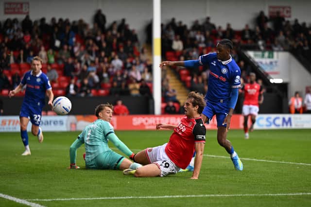 Aaron Pressley comes close for Walsall in the first half.