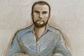 A court artist sketch of Jack Shepherd appearing via video link at Isleworth Crown Court