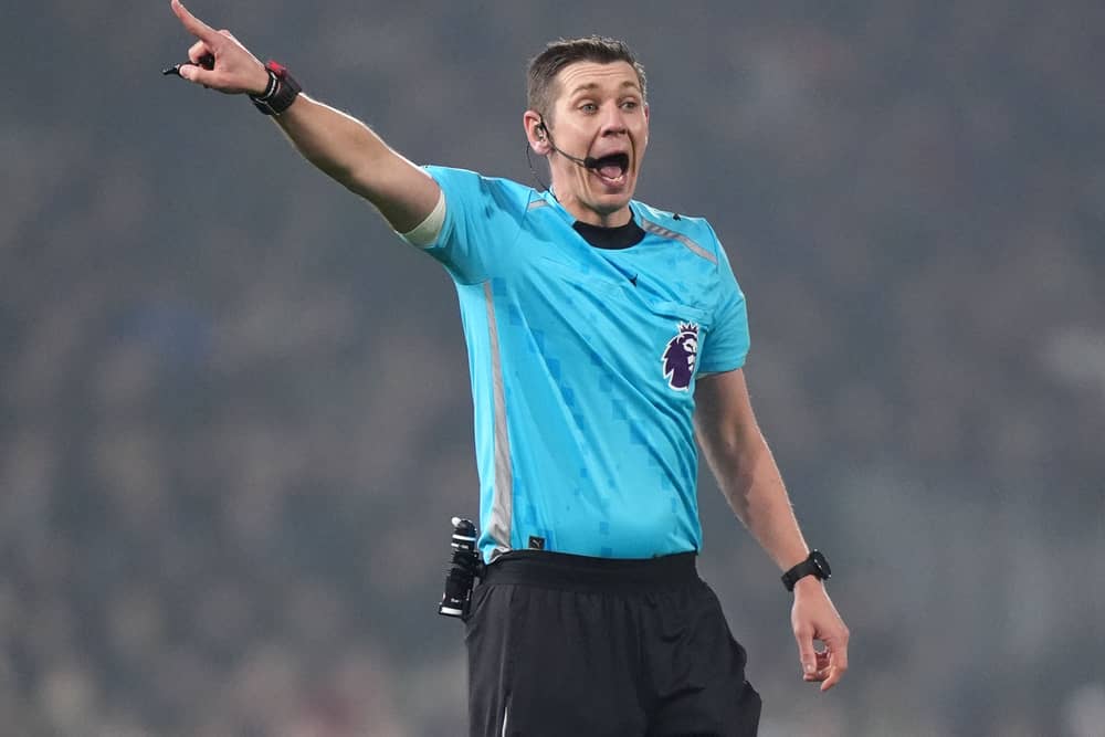 Matt Donohue pictured refereeing a Premier League match between Fulham and West Ham