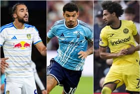 Composite image of Leeds striker Dominic Calvert-Lewin, Nottingham Forest's Morgan Gibbs-White and Brentford forward Kevin Schade, left to right