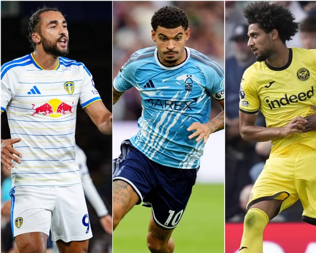 Composite image of Leeds striker Dominic Calvert-Lewin, Nottingham Forest's Morgan Gibbs-White and Brentford forward Kevin Schade, left to right