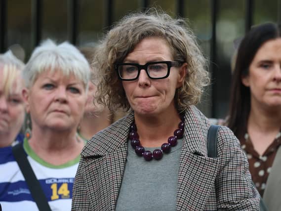 Fiona Donohoe outside Belfast Coroner’s Court at the inquest into the death of her son