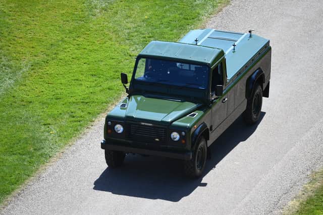 The modified Jaguar Land Rover that will carry the coffin of the Duke of Edinburgh arrives for his funeral (Kirsty O’Connor/PA)