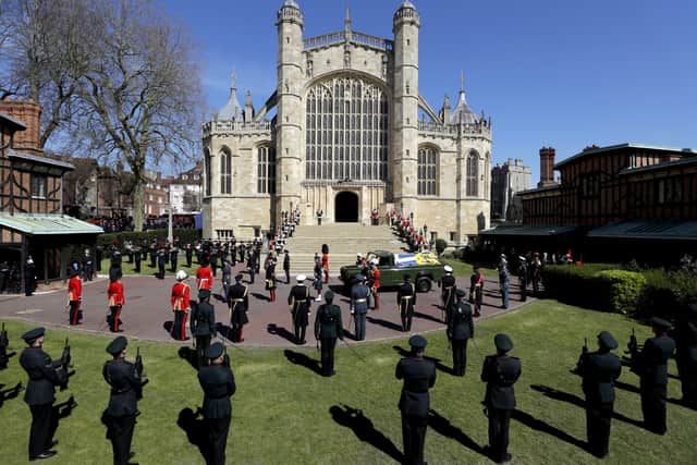 The Duke of Edinburgh’s coffin arrives outside St George’s Chapel (Kirsty Wrigglesworth/PA)