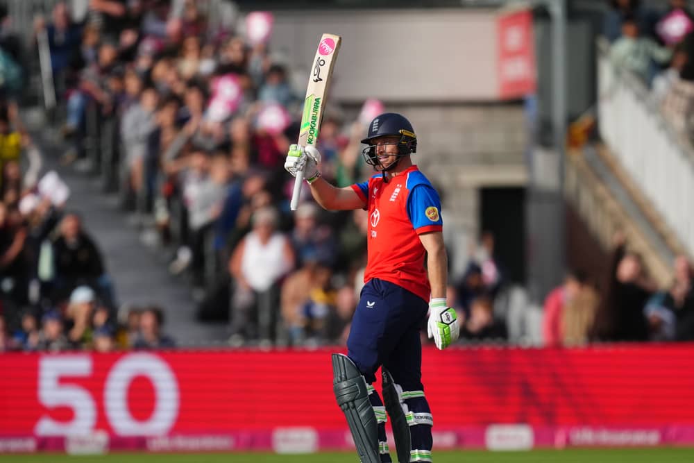 England’s Jos Buttler celebrates reaching 50 runs during the Third Vitali