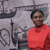 Kemi Badenoch in front of the Bayeux Tapestry