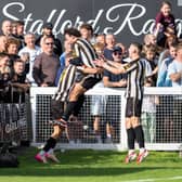 Scott Bakkor celebrates his opening goal for Stafford Rangers against Hereford Picture: Jim Wall