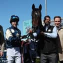 Trainer Joseph O’Brien (left) and jockey Dylan Browne McMonagle in the winner’s enclosure after James J Braddock won the Cashel Palace Hotel Derby Trial Stakes at Leopardstown Racecourse
