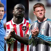 Composite image of Pascal Gross, left, celebrating his goal for Brighton; Brian Brobbey, centre, with the match ball; and Harvey Barnes, right, applauding the Newcastle fans