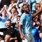 Manchester City's Antoine Semenyo celebrates scoring against Sunderland