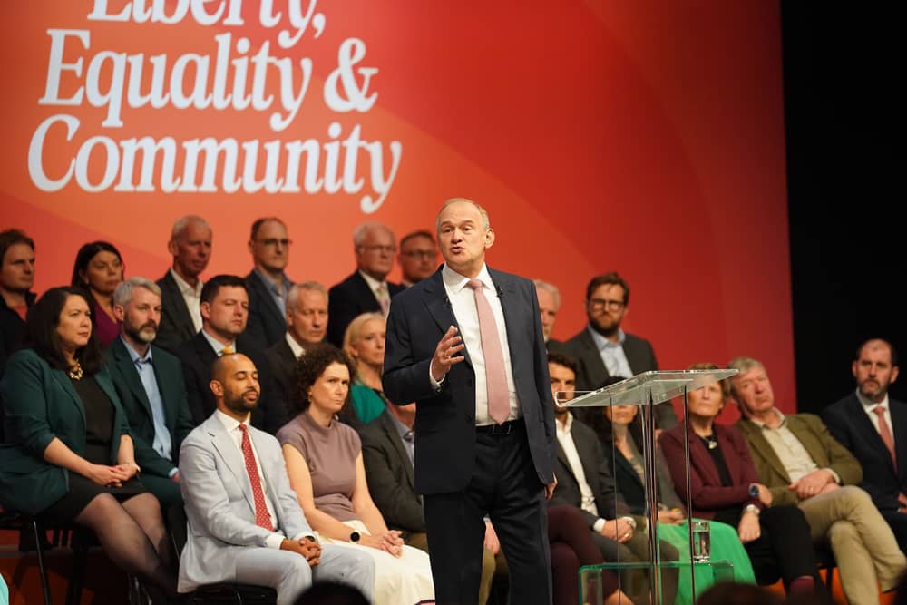Liberal Democrat leader Sir Ed Davey delivers his keynote speech during the Liberal Democrat party conference