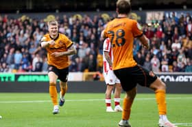 Jordan James celebrates after scoring for Wolves against Stoke City