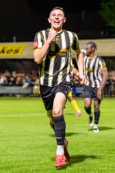 Jack Birch celebrates his goal for Stafford Rangers against Wythenshawe on Tuesday night