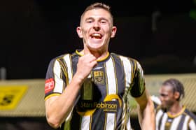 Jack Birch celebrates his goal for Stafford Rangers against Wythenshawe on Tuesday night