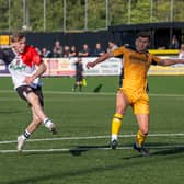 Charlie Pavey fires his second goal for Stourbridge in Saturday's 3-1 FA Trophy win at Rushall Olympic