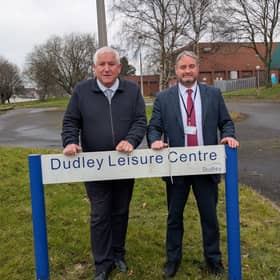 Councillors Patrick Harley and Paul Bradley at the site of the old Dudley Leisure Centre in Wellington Road