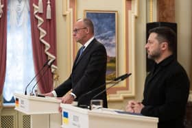 Ukraine’s President Volodymyr Zelensky, right, with German Chancellor Friedrich Merz