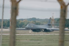 A US Air Force Rockwell B-1 Lancer bomber at RAF Fairford in Gloucestershire