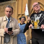 Preparing for Murder on a Budget are Mayhem Theatre's Alan Growcott, as Inspector Drake, Same Lowe as Eileen Badley, and Ken Baker as Roger the butler