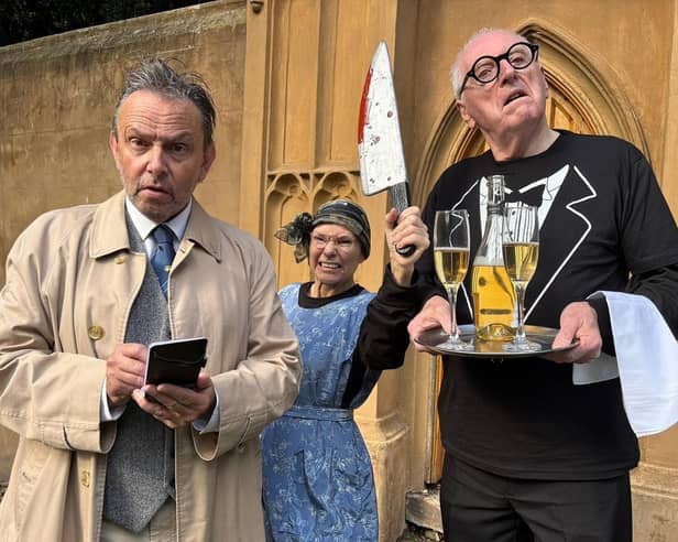Preparing for Murder on a Budget are Mayhem Theatre's Alan Growcott, as Inspector Drake, Same Lowe as Eileen Badley, and Ken Baker as Roger the butler