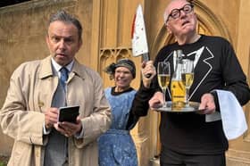 Preparing for Murder on a Budget are Mayhem Theatre's Alan Growcott, as Inspector Drake, Same Lowe as Eileen Badley, and Ken Baker as Roger the butler