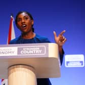 Kemi Badenoch speaking from the lectern at the Conservative Party conference