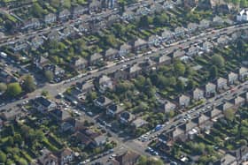 An aerial view of homes