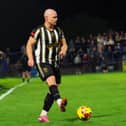 Tom Tonks on the ball for Stafford Rangers against Halesowen Town in the FA Cup
