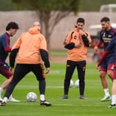 Arsenal manager Mikel Arteta, centre, during a training session on Monday