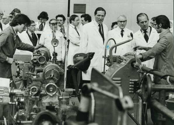 PICTURE FROM THE ARCHIVE: Prince Philip, the Duke of Edinburgh, pays a visit to Stafford in March 1978. During his tour, the Prince called in at GEC Measurements, donning a lab coat to chat with machine operators, staff, and directors on the factory floor. Did you work at GEC Measurements or remember when the Duke visited the site?