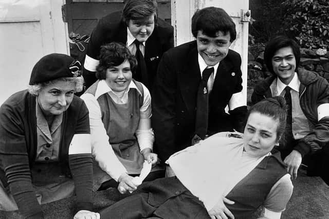 This picture was taken at the annual inspection of Salop Red Cross volunteers at Shrewsbury on Sunday, April 23, 1978. Names mentioned are Mrs Sarah Jones, Mrs Gaynor Leech, Mr Nigel Williams, Mr David Parry, Mr Kalvin Cheung and Mrs Pat Jenkins.
