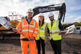 Andrew Dunham (McPhillips Director), Nell Lloyd (Virtus Project Manager), and Councillor Qaiser Azeem (Cabinet Member for Resident Services) break ground for the construction works at the Hickman Avenue site