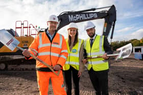 Andrew Dunham (McPhillips Director), Nell Lloyd (Virtus Project Manager), and Councillor Qaiser Azeem (Cabinet Member for Resident Services) break ground for the construction works at the Hickman Avenue site