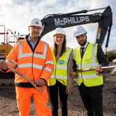 Andrew Dunham (McPhillips Director), Nell Lloyd (Virtus Project Manager), and Councillor Qaiser Azeem (Cabinet Member for Resident Services) break ground for the construction works at the Hickman Avenue site