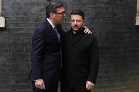 Prime Minister Andy Burnham welcomes President of Ukraine Volodymyr Zelensky outside 10 Downing Street